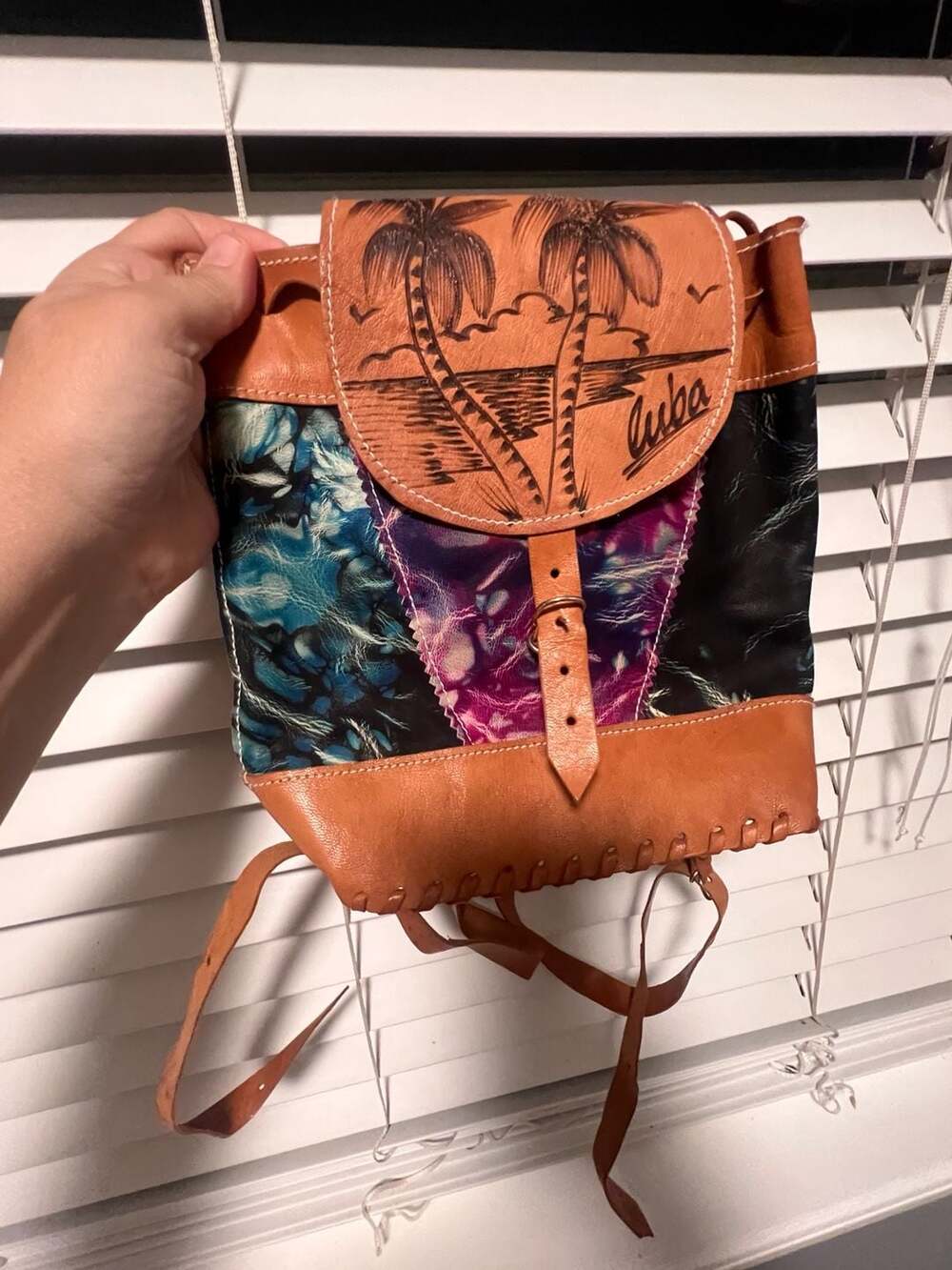 Vintage Hand-Tooled Leather Mini Backpack with Cuba Palm Tree Motif